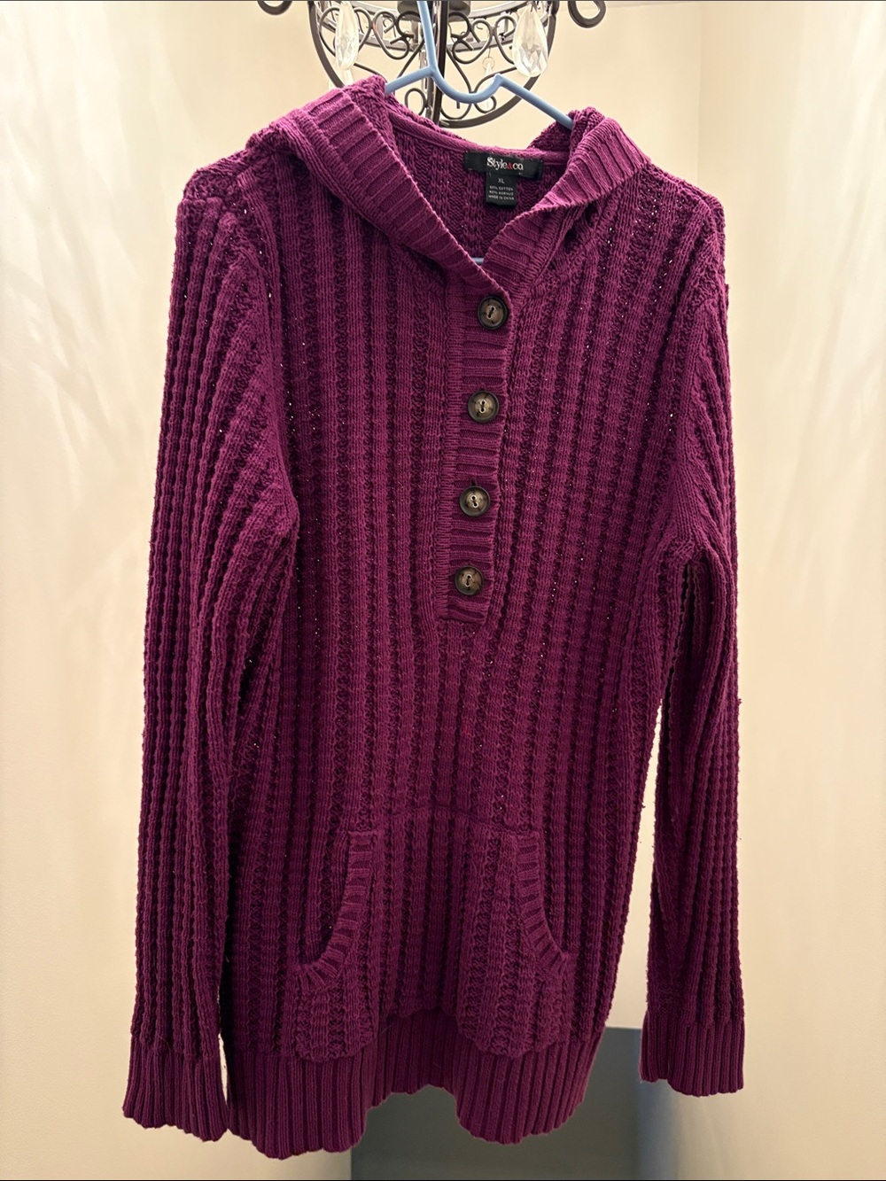 Style & Co. Women's Plum Hooded Button-Front Knit Sweater, OFFERS ENTERTAINED